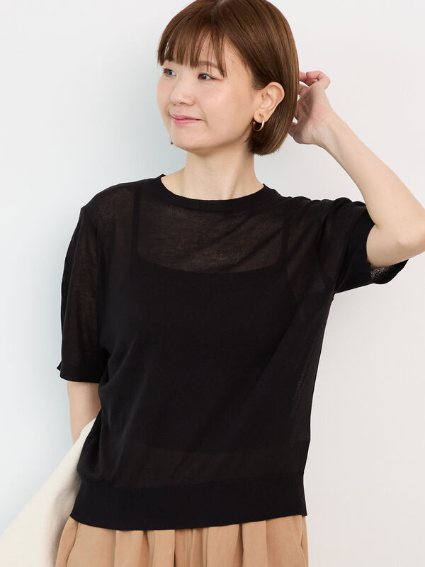 セール】 麻タッチ半袖ニット（ブラック/ピンク/ベージュ/ブルー