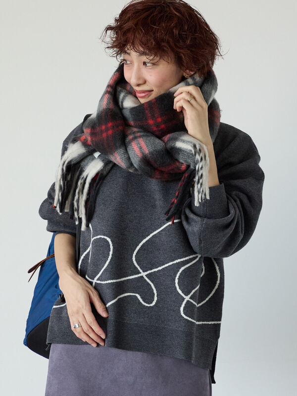 セール】 ライン入りジャカードワイドニット（オフホワイト/グレー