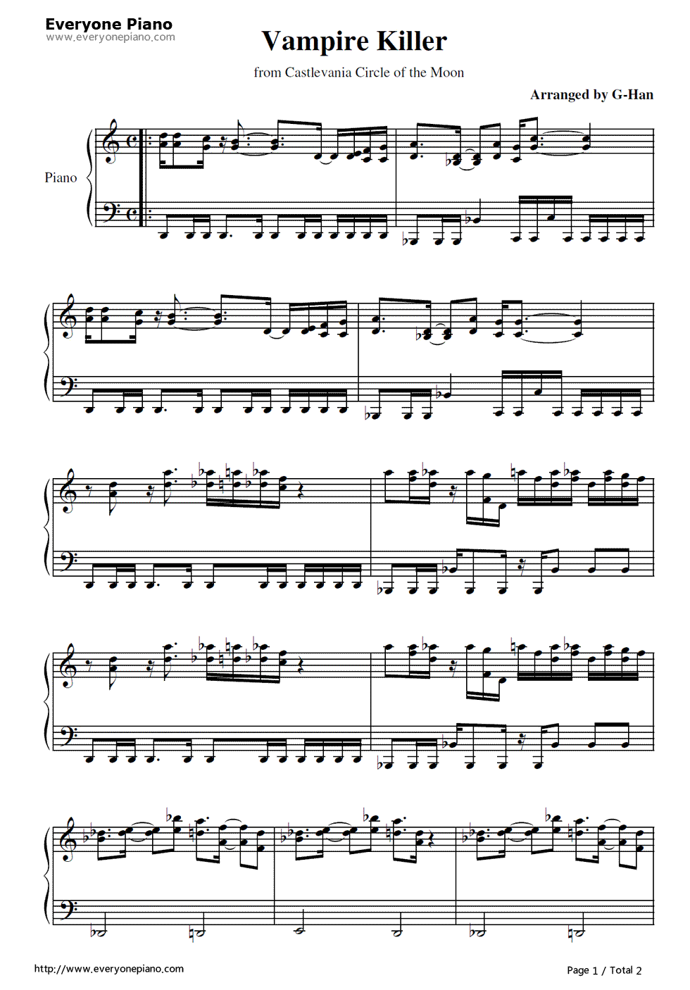 Vampire Killer-『悪魔城ドラキュラ Circle of the Moon』OST五線譜