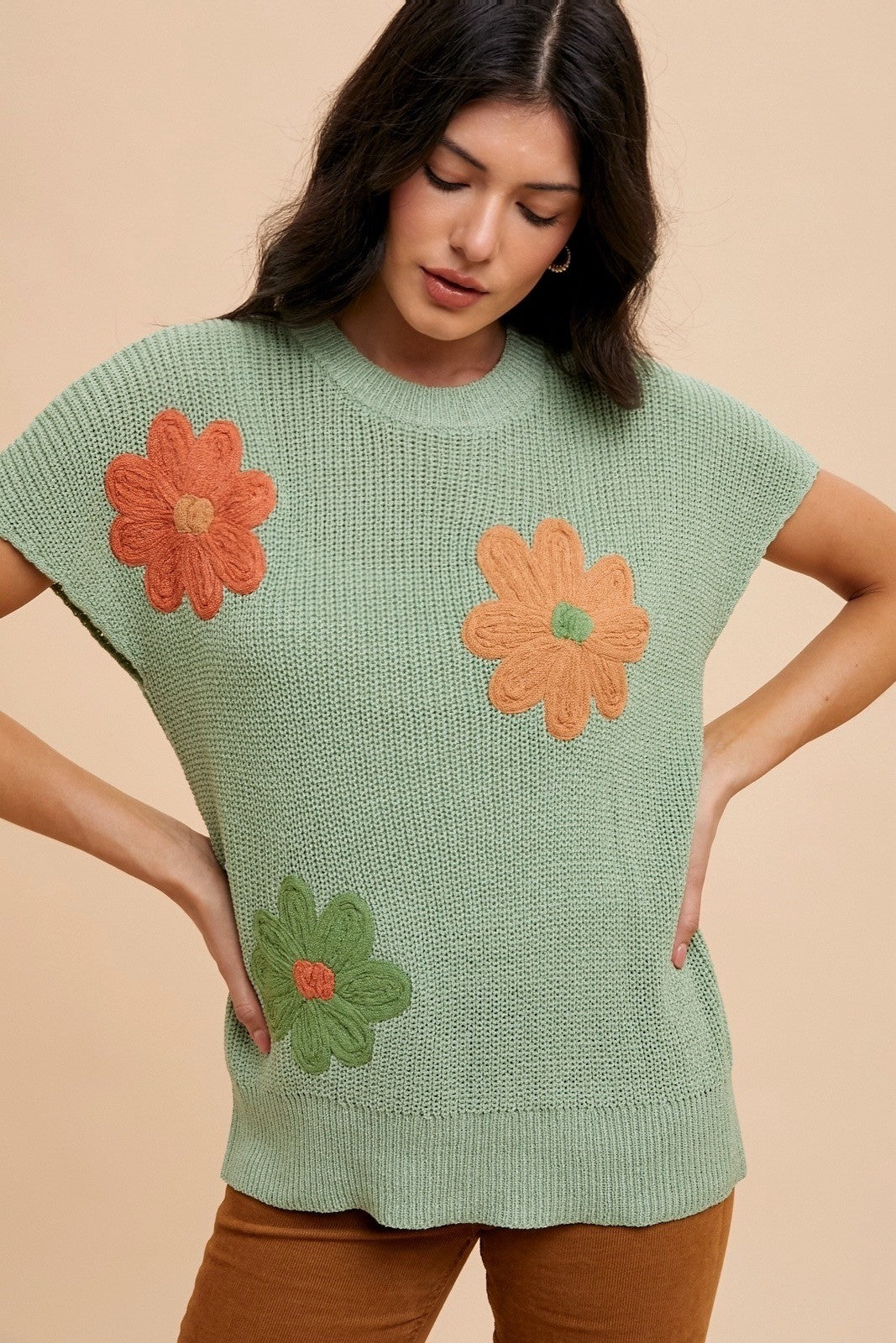 AnnieWear Lightweight Sweater Top with Large Flower Embroidery in
