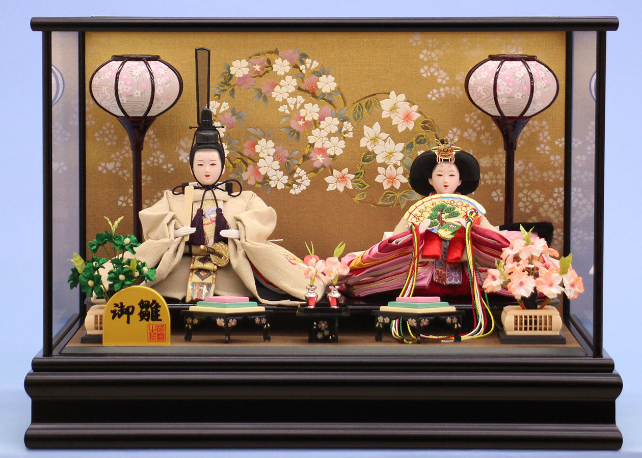 雛人形 ケース飾り 二人 幅48cm｜ガラスケース固定型 小三五刺繍親王