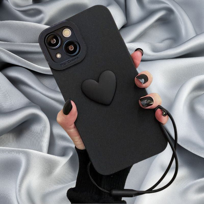 Midnight Black Cute Heart Lanyard Cover iPhone 14 / 15 Plus