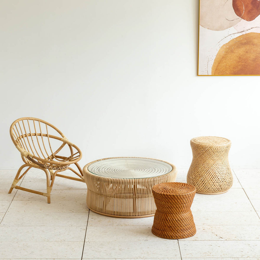 Natural × Glass 透明感のある ラタンローテーブル – KANADEMONO