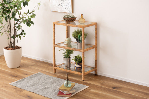 シェルフ ガラス ガラスシェルフ ラタン 籐 クリア 収納 収納棚 ラック