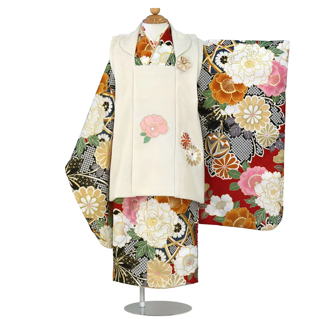 花わらべ》赤地に古典柄、オフホワイトの被布コートセット／七五三・三