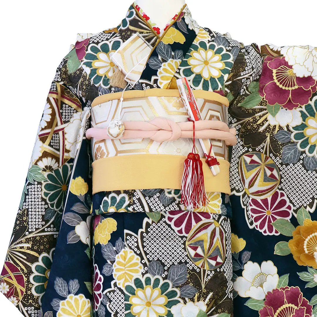 花わらべ》紺地に疋田と鞠と百花の着物／七五三・七歳女の子 | 宅配