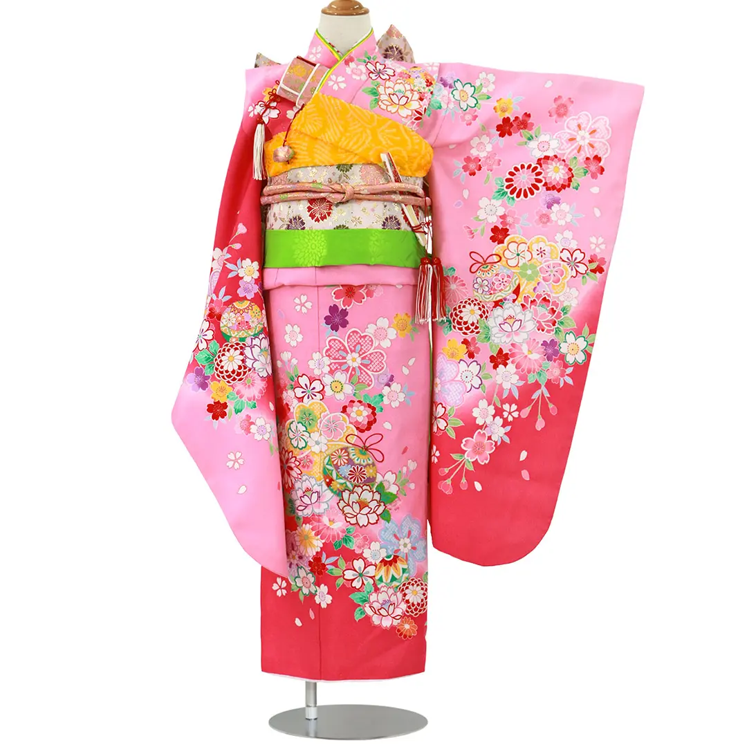 桃色地に桜と鈴の着物／七五三・七歳女の子 | 宅配着物レンタルの京都