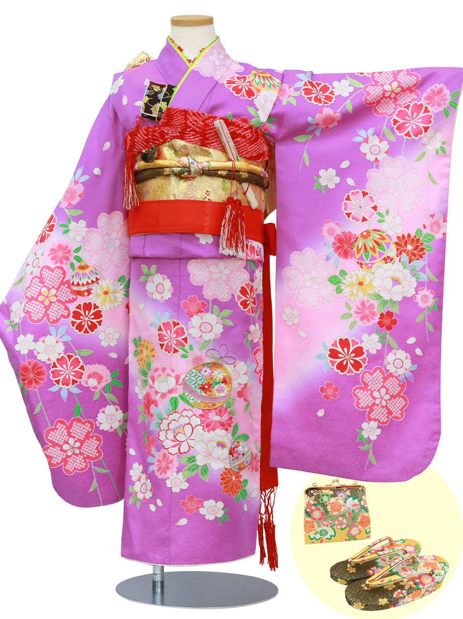 紫地に鈴と牡丹の着物／七五三・七歳女の子 | 宅配着物レンタルの京都