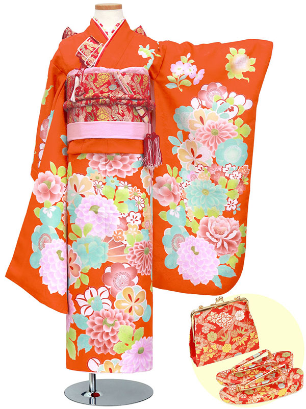 オレンジ地に牡丹づくしの着物（ピンク）／七五三・七歳女の子 | 宅配