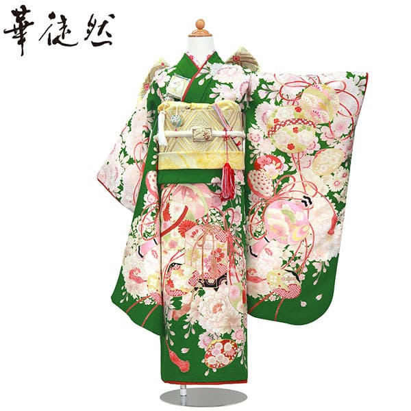 七五三着物レンタル／《華徒然》桜と薬玉・鞠・貝合の着物（緑）／七歳