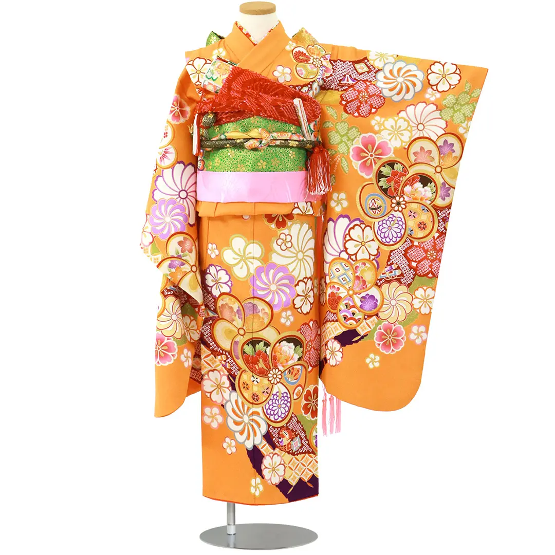 橙色地にねじり梅の着物／七五三・七歳女の子 | 宅配着物レンタルの