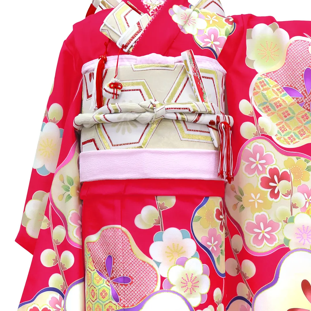 赤地に梅の着物（ピンク）／七五三・七歳女の子 | 宅配着物レンタルの