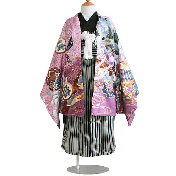 ピンク地に鷹と麻の葉、黒縞の袴／七五三・五歳男の子・袴 | 宅配着物