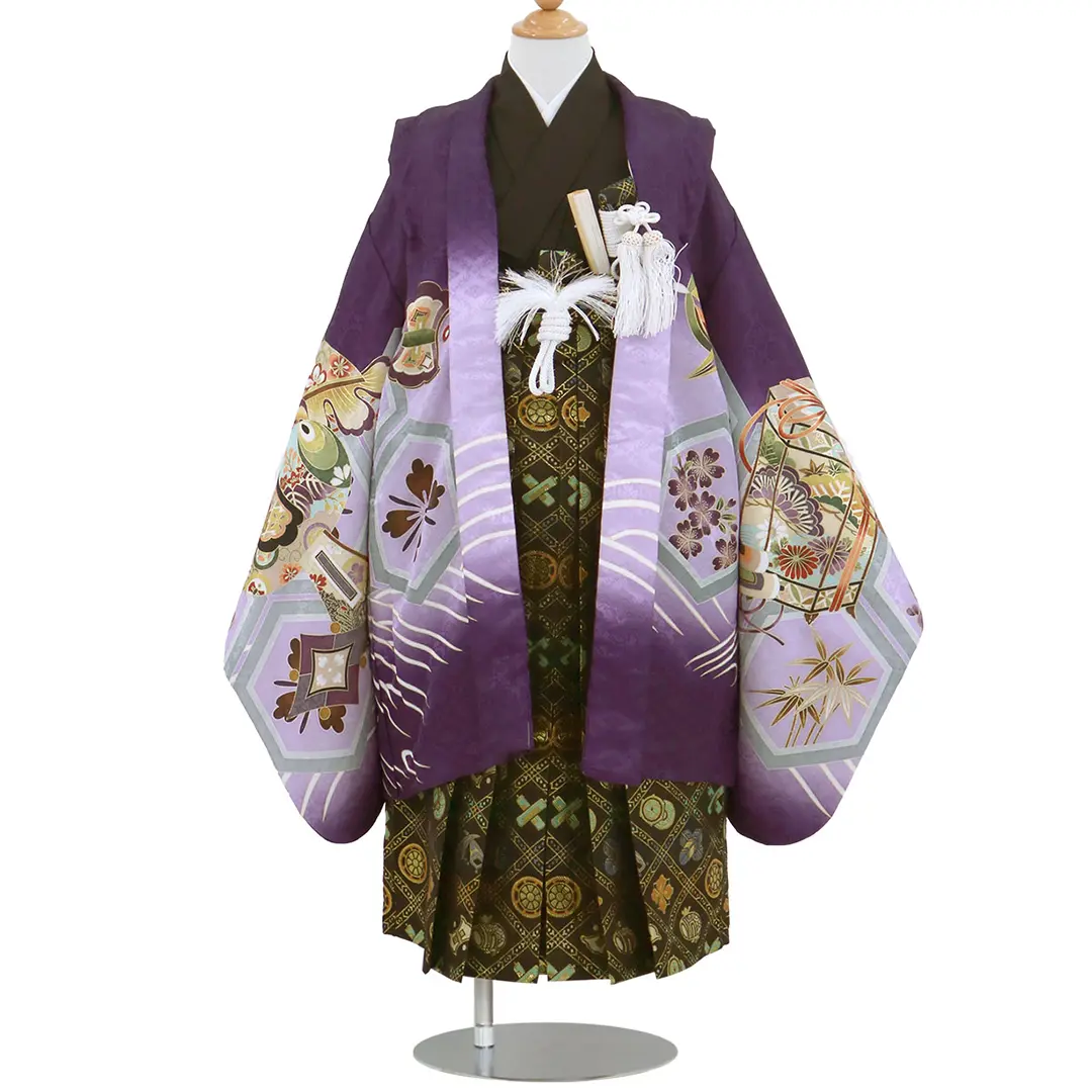 紫地に鷹と束ね熨斗、黒の袴／七五三・五歳男の子・袴 | 宅配着物