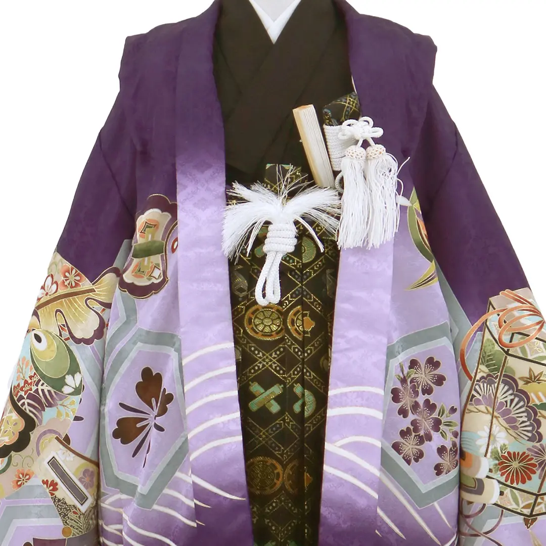 紫地に鷹と束ね熨斗、黒の袴／七五三・五歳男の子・袴 | 宅配着物