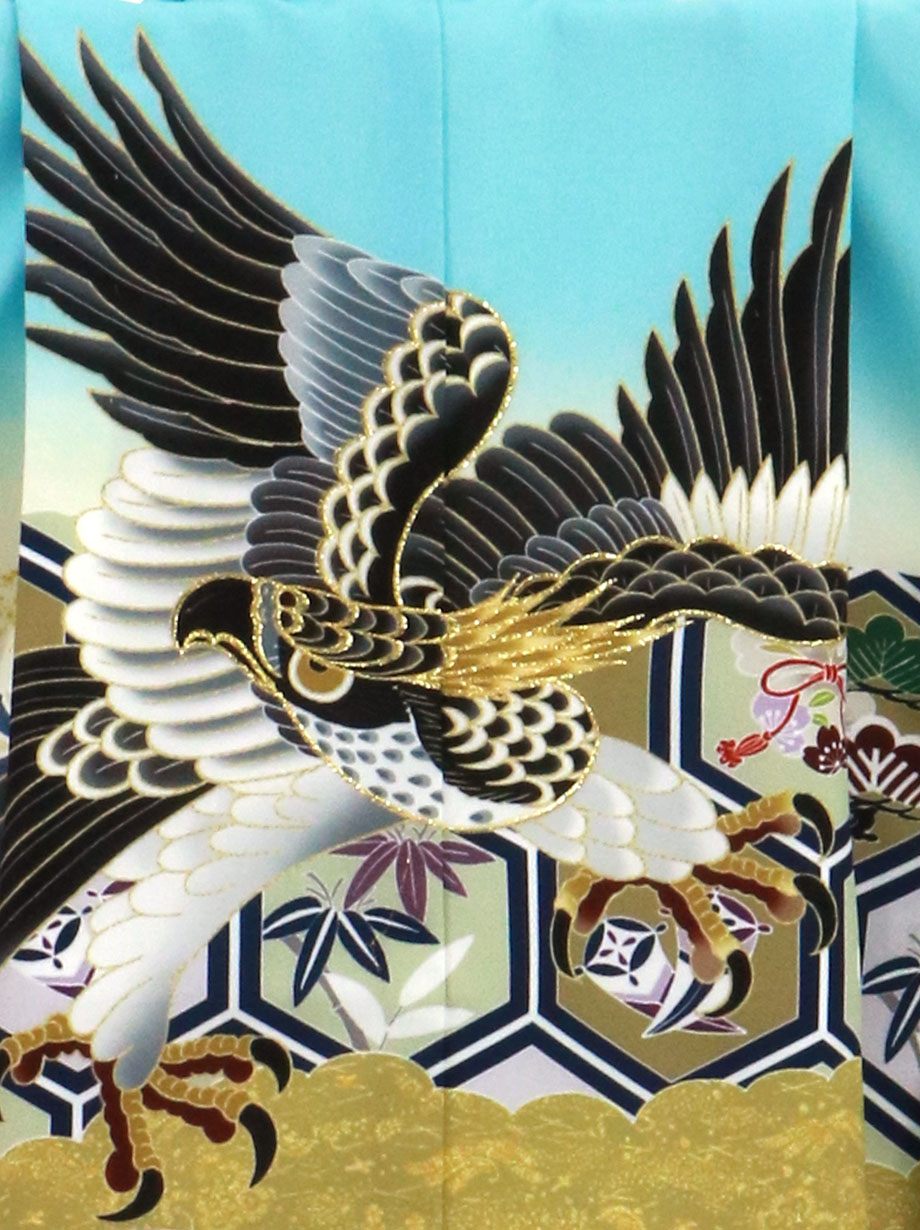 水色地に鷹と吉祥文、藍鼠の袴／七五三・五歳男の子・袴 | 宅配着物