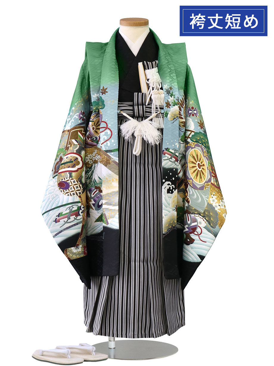 七五三 五歳 男児 羽織袴フルセット 緑地 鷹 縞袴 袴変更可能 NO37391