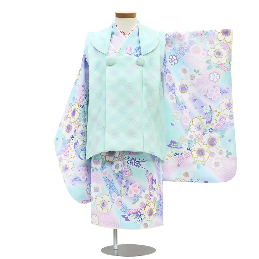 KAGURA》 水色に桜と熨斗、ミントブルーの被布コートセット／小さめ