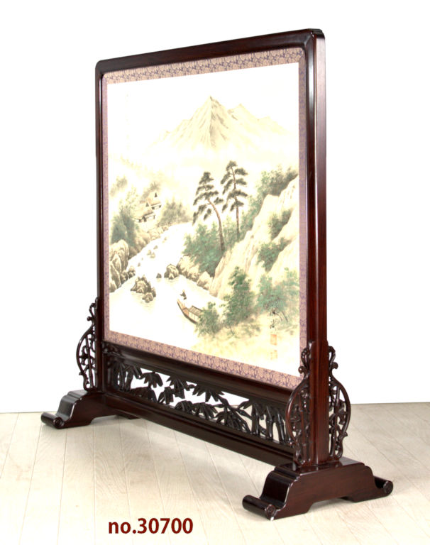 衝立: 紫檀 三原作 山水襖絵 裏金砂子 大阪唐木指物 no.30700 / 唐木