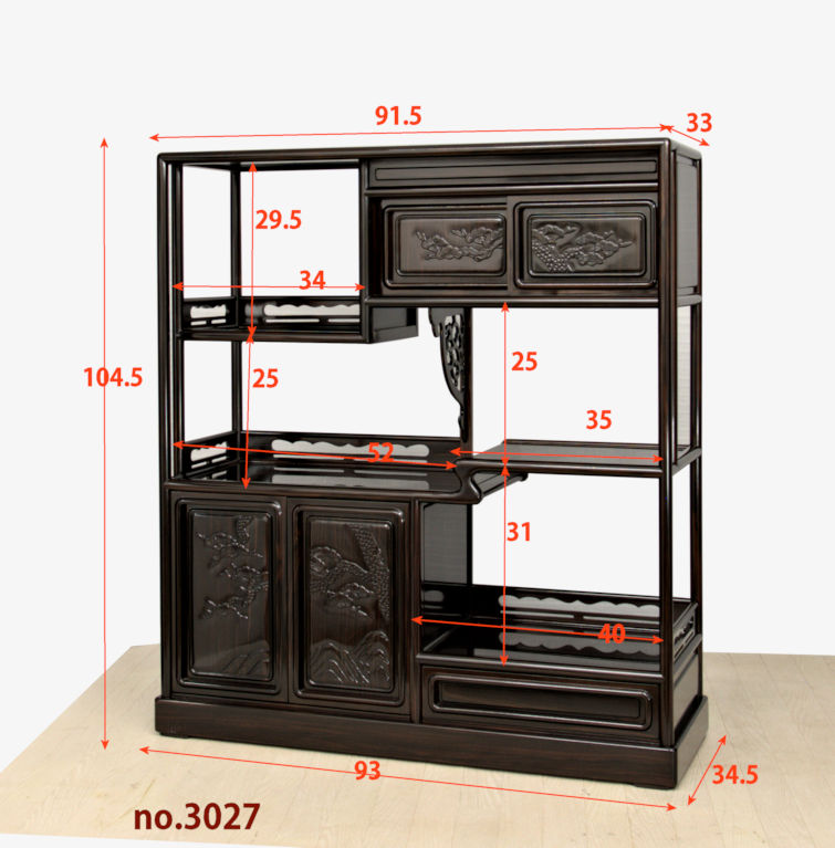 飾り棚 :黒檀 隅丸 4枚戸 彫り入り 3.5尺棚 no.3027 / 唐木家具OSAKA