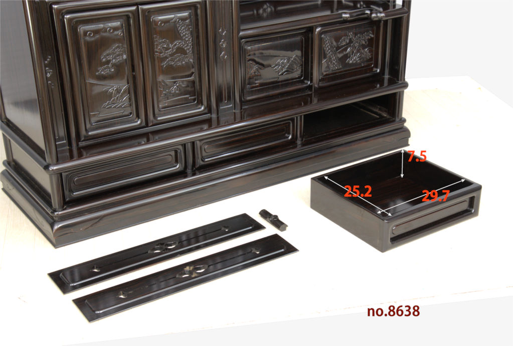 飾り棚:黒檀 8枚戸 筆返し 4尺棚 (これから仕上げ品) no.8638 / 唐木