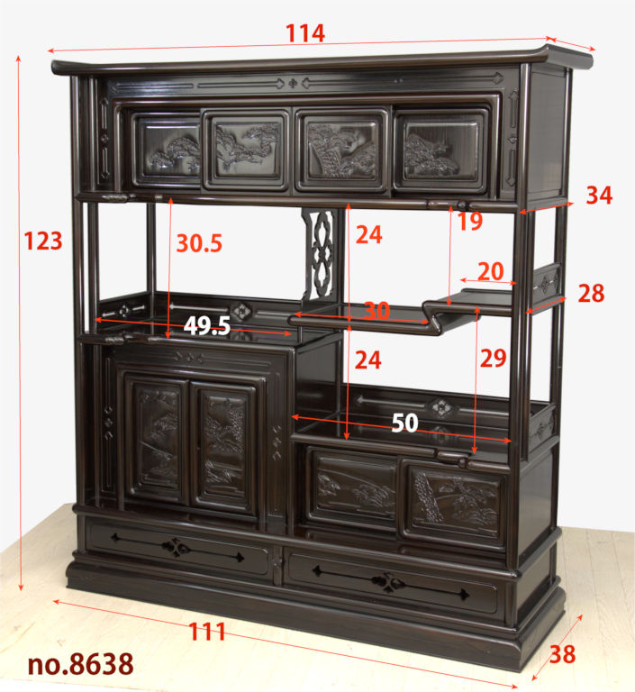 飾り棚:黒檀 8枚戸 筆返し 4尺棚 (これから仕上げ品) no.8638 / 唐木