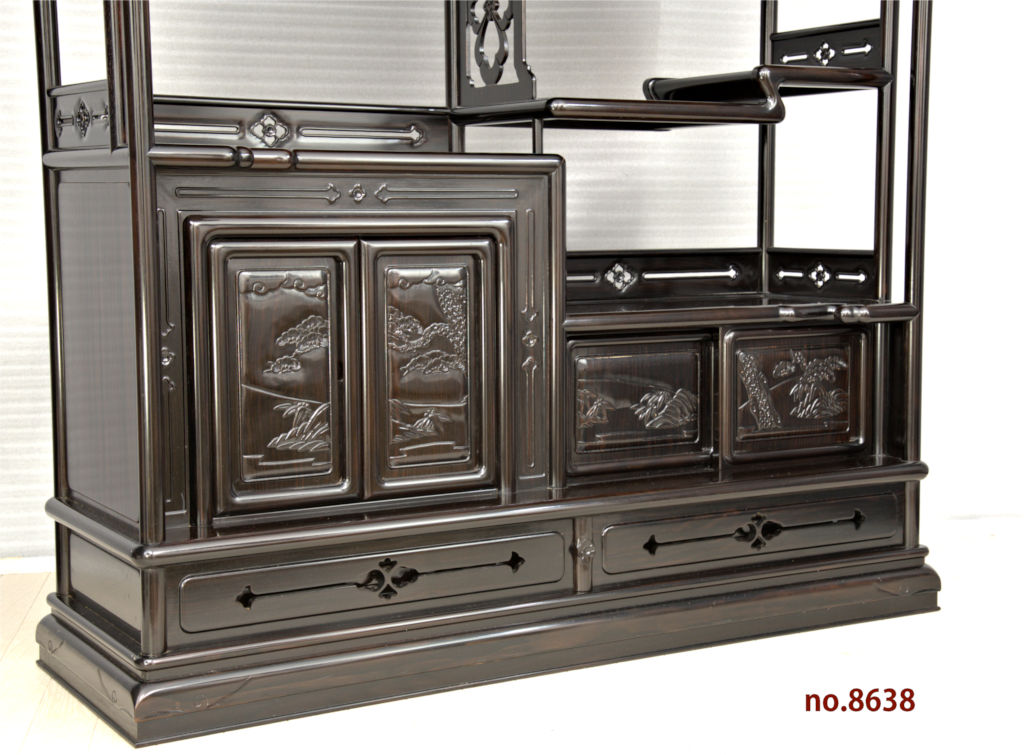 飾り棚:黒檀 8枚戸 筆返し 4尺棚 (これから仕上げ品) no.8638 / 唐木