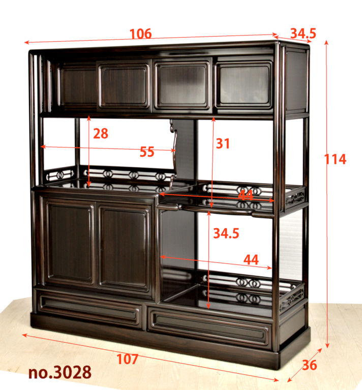 飾り棚 :黒檀 隅丸 6枚戸 3.8尺棚 no.3028 / 唐木家具OSAKA