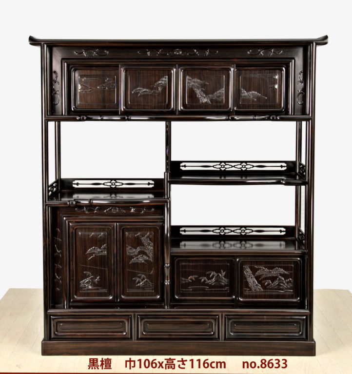 飾り棚:黒檀 8枚戸 筆返し 3.8尺棚 (これから仕上げ品) no.8633 / 唐木