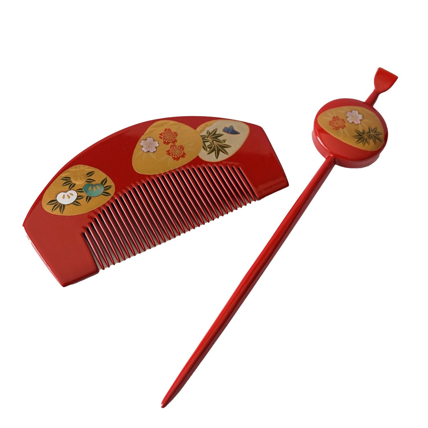 本漆純金蒔絵螺鈿かんざし 櫛・平打ちセット 貝合わせ文様（朱） | か