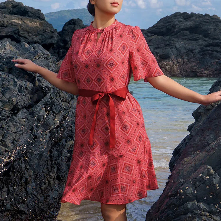 大島紬意匠 ストレッチシフォン】ひざ丈マーメイドワンピース– kay me