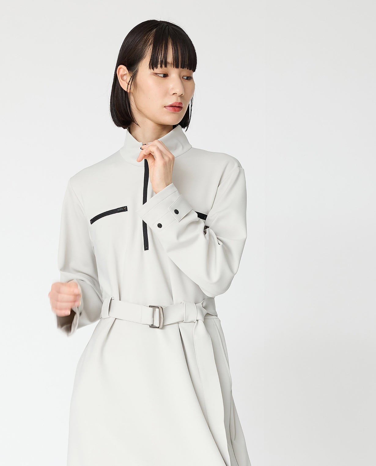 0202_D ダンボールニット ベルト付きZIP UPワンピース (ストーングレー