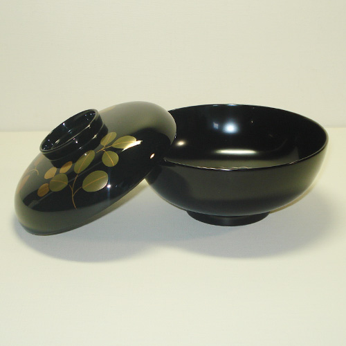 輪島塗 煮物椀 蓋付き -萩の蒔絵仕上げ(蓋外面)- [内外面とも黒色