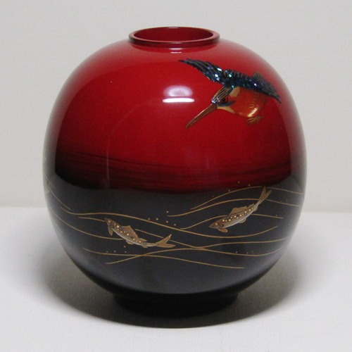 輪島塗 球形、花器(大) -川せみの高蒔絵仕上げ- [朱色・黒色の