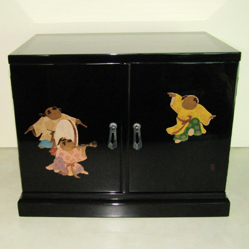 輪島塗 小箪笥 –唐子高蒔絵(外面)、桜蒔絵(引出外面)- [内外面とも黒色