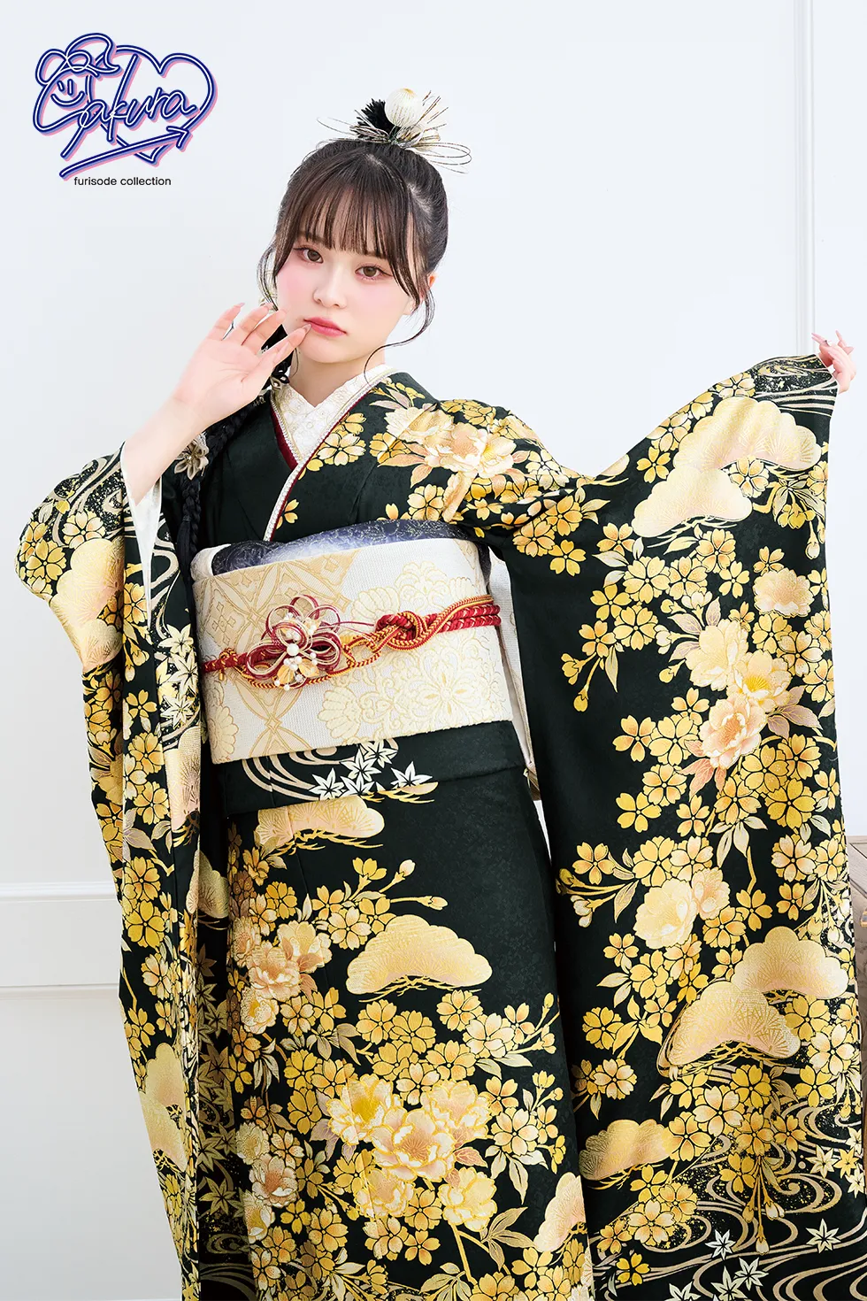 深緑地金牡丹に桜流水［FR5042］ - 成人式振袖レンタル・販売のふりそ