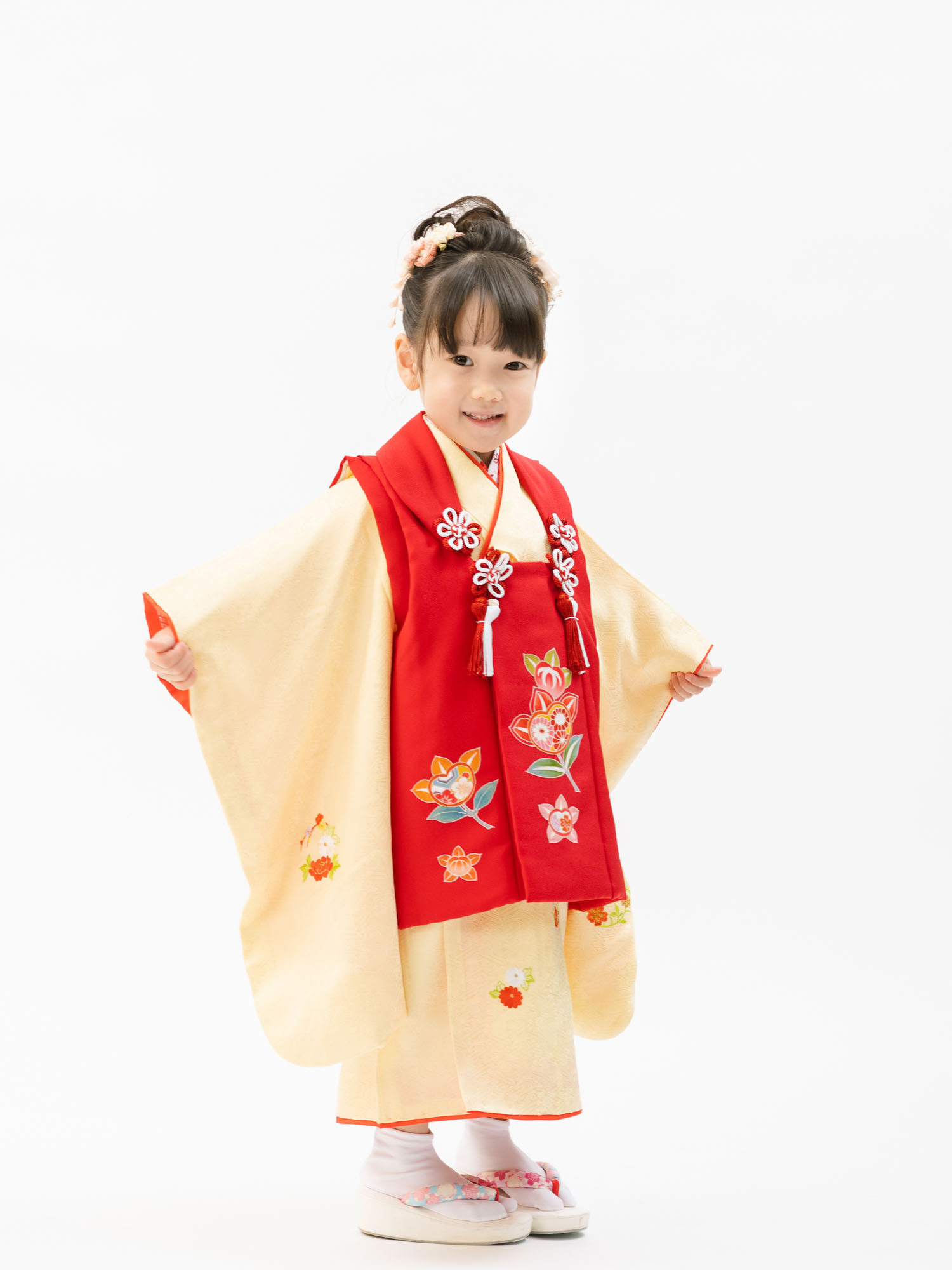 七五三の正絹着物レンタル】 三才の女の子用被布セット 着物：黄色