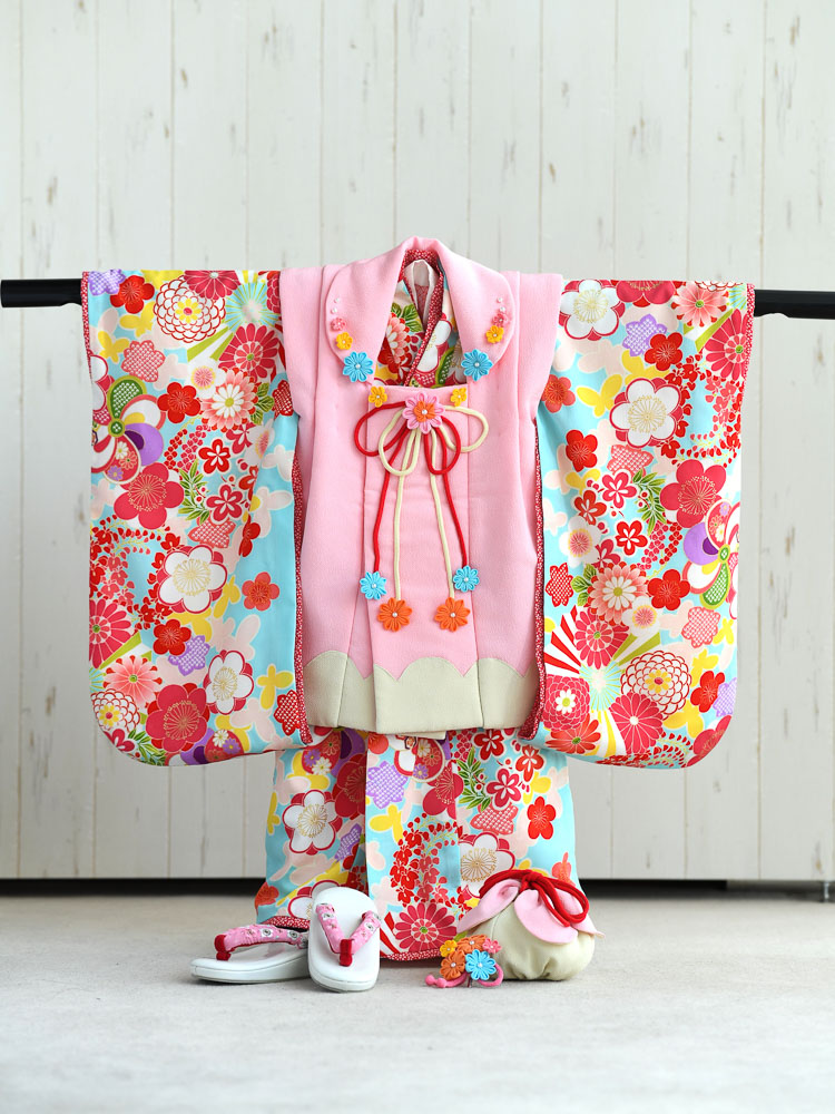 高級七五三レンタル】KD-36 三才の女の子用被布セット 水色とピンク