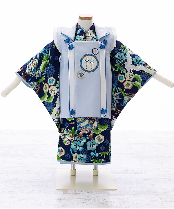 七五三(三歳男の子)着物レンタル｜【乙葉】吉祥文様柄の紺着物×水色