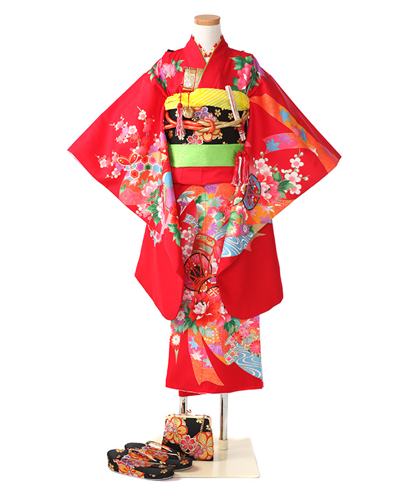 七五三(七歳女の子)着物レンタル｜赤に熨斗目と鼓柄着物×黒作り帯｜W-G