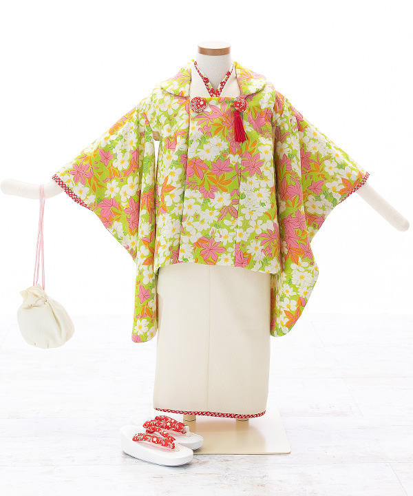 七五三(三歳女の子)着物レンタル｜【榛原】白着物×黄緑被布｜W-G-3-15