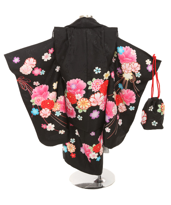 七五三(三歳女の子)着物レンタル｜菊桜柄黒色着物×黒色被布｜W-G-3-160
