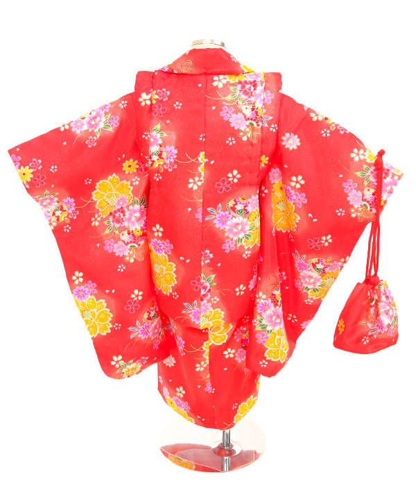 七五三(三歳女の子)着物レンタル｜桜柄赤色着物×赤色被布｜W-G-3-161
