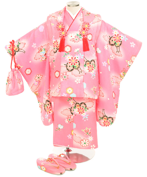 七五三(三歳女の子)着物レンタル｜雲取り花車柄ピンク色着物×ピンク色
