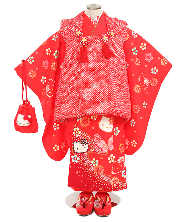 七五三(三歳女の子)着物レンタル｜キティちゃん柄赤色着物×疋田赤被布