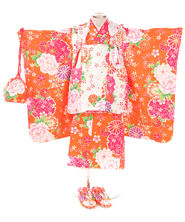 七五三(三歳女の子)着物レンタル｜牡丹に雪輪オレンジ着物×白被布｜W-G