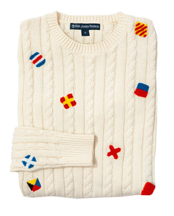 KJP Women's Nautical Flag Embroidered Cable Knit Cotton Sweater in