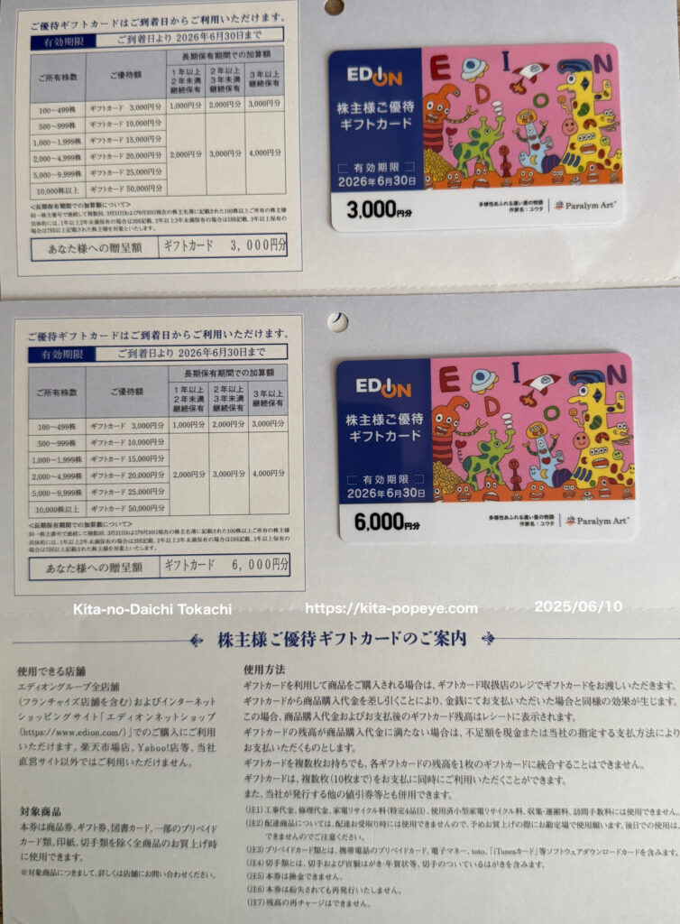 株主優待拡充】エディオン（2730）株主様ご優待ギフトカード6000円