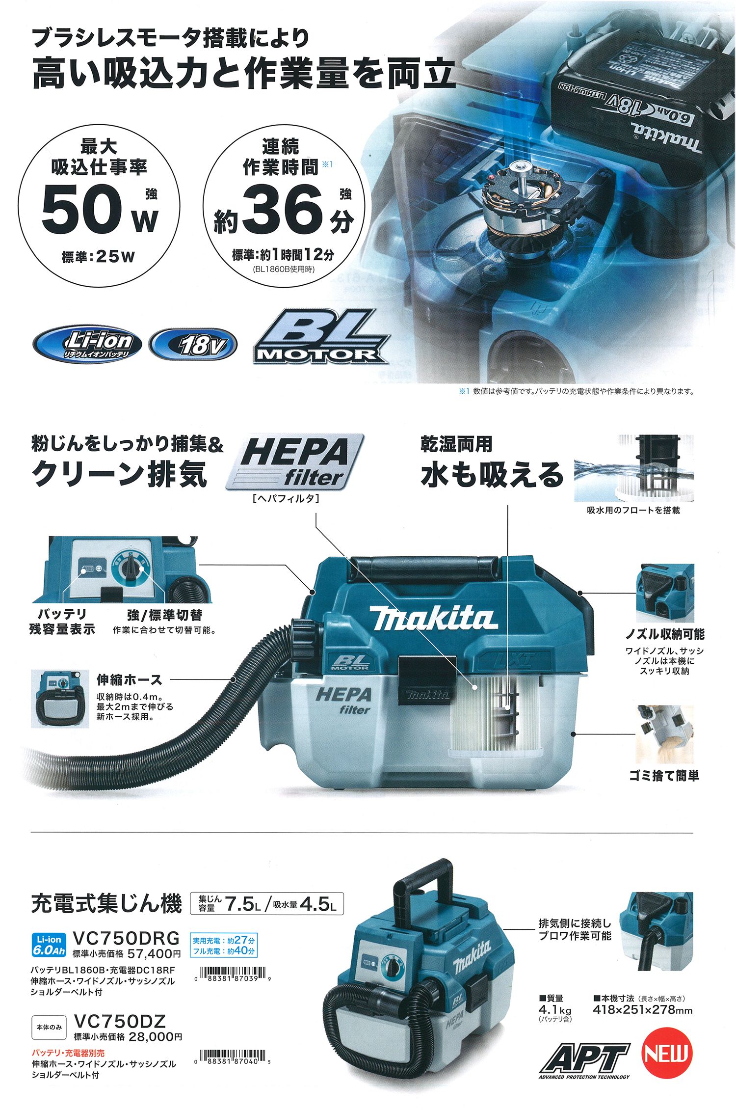 マキタ(makita) VC750DRG VC750DZ 充電式集じん機 18V 乾湿両用 送料