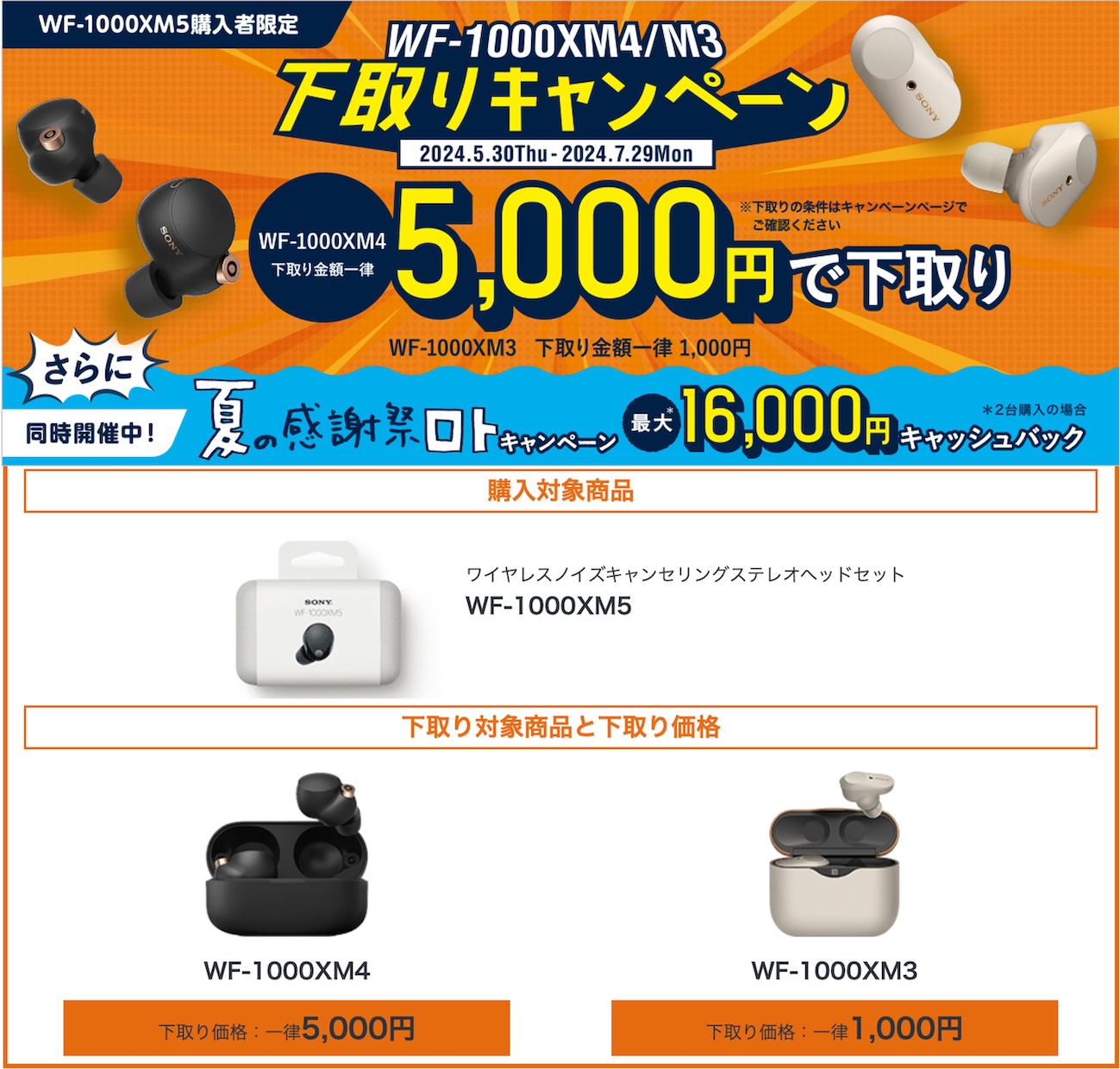 5月30日(金)開始】期間内に「WF-1000XM5」を購入すると、手持ちの「WF